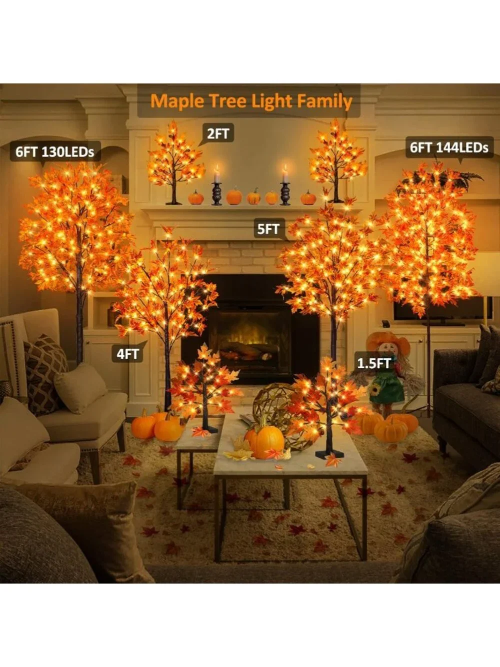 6FT LED Maple Tree Light with Pumpkins & Acorns - Fall Decor, Remote, 8 Modes